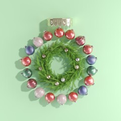 Fototapete - Colorful crystal Ornament Christmas Decoration made Symbol Ornament Shape on green background. 3D Render. Minimal Christmas concept idea.