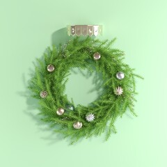 Fototapete - Ornament Christmas Decoration Shape made by green pine Christmas tree blend circle shape on green background. 3D Render. Minimal Christmas concept idea.