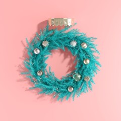Fototapete - Ornament  Christmas Decoration   Shape made by blue pine Christmas tree blend circle shape  on pink background. 3D Render. Minimal Christmas concept idea.
