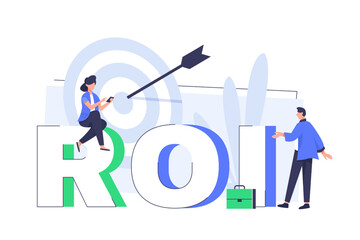 Poster - ROI concept design with elements. Return on investment - vector flat banner. Illustration of efficiency of investments in business