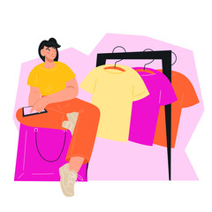 Wall Mural - Woman with a phone sits on boxes with clothes and shoes packed for clothing donation or swap party. Second hand and flea market. Donation and charity concept, flat vector isolated on white background.