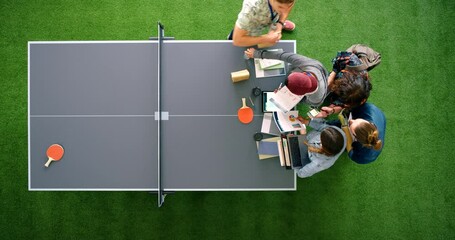 Aufkleber - Startup business meeting and people with productivity, teamwork and collaboration on table tennis or creative workspace. Multimedia technology, documents and company project planning team for website