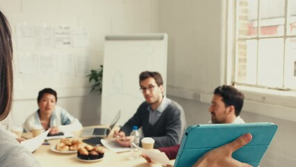Poster - Startup presentation, business people and tablet ppt with question, team collaboration and clients question negotiation. Workshop, training and coaching leader working on digital technology strategy