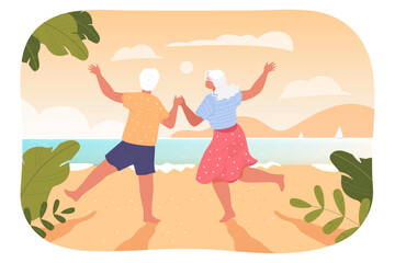 Active old couple dancing on beach together. Senior man and woman having fun near lake or sea flat vector illustration. Summer, happiness, old age concept for banner, website design or landing page