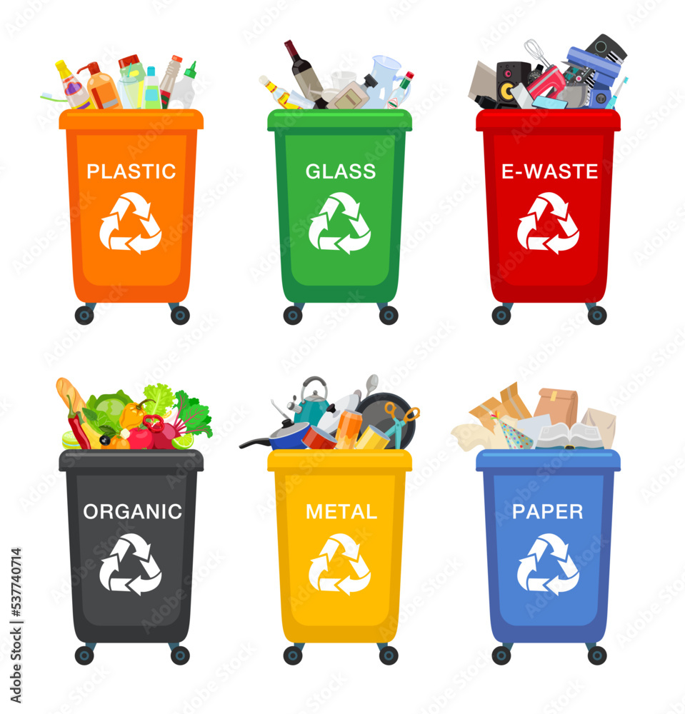 Different trash containers cartoon vector illustration set. Garbage ...