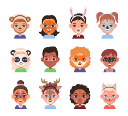 Wall Mural - Portraits of kids with face makeup vector illustrations set. Children with creative face painting or masks, animals and heroes isolated on white background. Party, entertainment, creativity concept