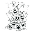 © Azuzl - Many of Halloween pumpkins lanterns with the cut out of a grin surrounded by ghosts outline for coloring page isolated on white