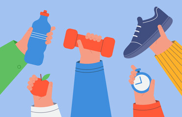 Poster - hands holding healthy food and exercise equipment. objects for marathon training or workout routine 