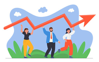 Fototapete - Team of tiny professionals with arrow as symbol of career growth. Progress or evolution of business, company development scene flat vector illustration. Teamwork, success concept for banner