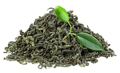 Wall Mural - Dried green tea with fresh tea leaves isolated on a white background