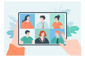 Poster - Hand using video call app for online conference with people. Virtual meeting, gathering of male and female characters on tablet screen flat vector illustration. Social media community, team concept