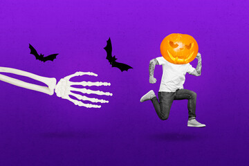 Poster - Composite collage image of big skeleton arm chasing catch mini running guy black white gamma carved pumpkin instead head