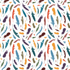 Poster - Seamless pattern with colored disheveled feathers on a light backdrop in boho style. Vector repeating background with randomly scattered bird feathers. Suitable for wallpaper, wrapping paper, fabric