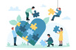 Charity project, non profit organization vector illustration. Cartoon tiny volunteers fit puzzles into heart, cooperation of people donate help, give support and hope. Sponsorship, community concept
