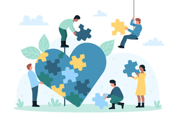 charity project, non profit organization vector illustration. cartoon tiny volunteers fit puzzles in
