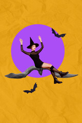 Sticker - Vertical collage picture of astonished conjurer girl sit flying bit bat isolated on drawing creative background