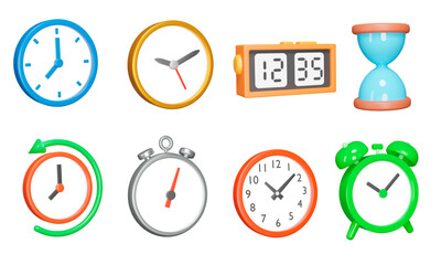 Poster - Clock 3d icon set. Wall clocks, various dials. Alarm clock, stopwatch, digital clock. Isolated icons, objects on a transparent background