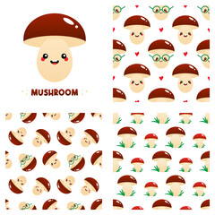 Wall Mural - Cute cartoon style mushroom character and set, collection of three mushroom vector seamless pattern backgrounds. 
