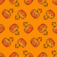 Wall Mural - Cute orange doodle style pumpkin characters vector seamless pattern background for autumn, harvest, thanksgiving design.
