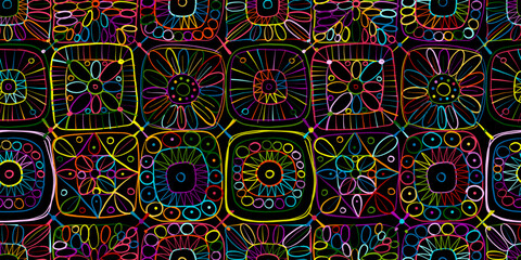 Fototapete - Granny square crochet. Seamless pattern background. Knitted wear. Folk art motif with flowers. Vector illustration
