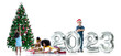 Diverse group of children with metallic silver number balloons 2023 and Christmas trees, Happy new year, the kids are of difference races, white background