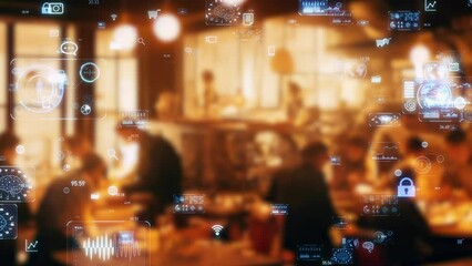 Group of people in restaurant and financial technology concept.