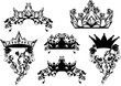 fairy tale royal crown decorated with rose flowers black and white vector silhouette design set - fantasy queen or princess heraldic symbol
