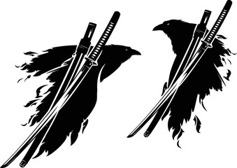 samurai katana sword with scabbard and flying raven bird - japanese martial arts black and white vector design set