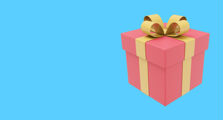 Poster - Realistic red gift box with yellow ribbon. 3D rendering. Icon on blue background, text space.
