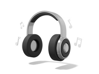 Poster - Realistic gray headphones with musical notes on white background. 3d rendering.