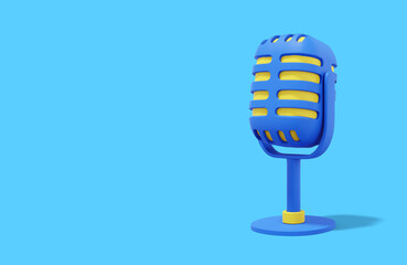 Poster - Retro microphone. Minimalist cartoon. Multicolored icon on blue background with space for text. 3D rendering.