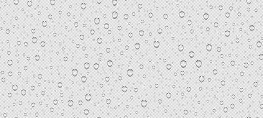 Realistic water droplets transparent pattern on light background. Raindrops on glass. Shower or rain on window. Drops texture. Condensed wet on surface. Vector illustration