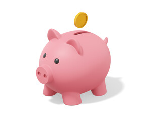Poster - Accumulation of savings icon. 3D rendering. Pink piggy bank with falling coins on white background.