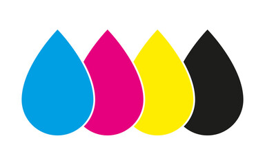 Wall Mural - Cmyk print icon. Four drops in cmyk colors symbols. Cyan, magenta, yellow, key, black drops isolated on white background