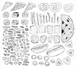 © Анастасия Винтовкина - a set of food a sketch of pasta bread, options, products, pizza, fast food, pies, pretzels, hot dog, sushi, dumplings, ready-made food, restaurant