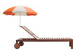 Studio shot of a wooden sunbed with an orange and white umbrella