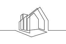 Modern House In Continuous Line Art Drawing Style. Contemporary Building Architectural Model Black Linear Design Isolated On White Background. Vector Illustration