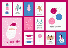 Merry Christmas Cards Set In Flat Style. Funny Vector Card Or Poster For Winter Holidays And New Year Party.