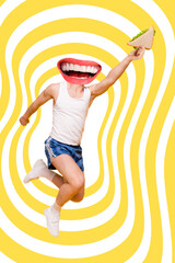 Wall Mural - Vertical collage image of excited guy big mouth instead head run jump arm hold sandwich isolated on painted background