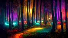 Colorful Fantasy Forest Landscape With Magical Glows, Abstract Forest With Magic Fantasy Neon Lights. Colorful Forest Night Atmosphere, Fairy Tale Forest Concept.