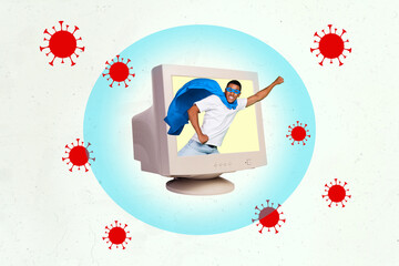 Banner magazine collage of pc computer screen with brave man antivirus fight hackers errors on drawing background