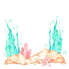 Sea bottom. Sand, algae and corals. Watercolor illustration. Isolated on a white background.