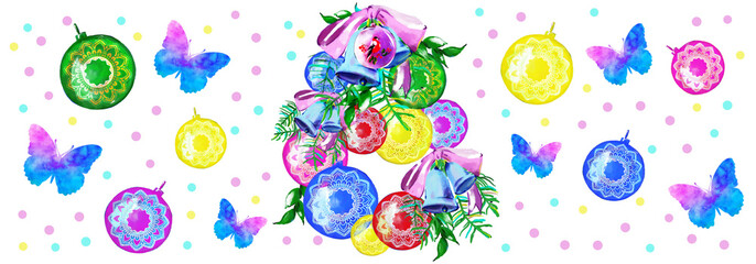 Wall Mural - Christmas , New year balls. Multicoloured designs. Magic lettering.