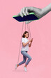 Collage photo of young adorable pretty woman wear casual clothes ropes hold smartphone manipulation doll absurd isolated on bright pink color background