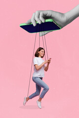 Aufkleber - Collage photo of young adorable pretty woman wear casual clothes ropes hold smartphone manipulation doll absurd isolated on bright pink color background