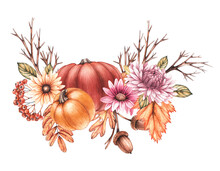 Watercolor Pumpkin With Flowers And Dry Leaves On A White Background