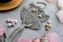 Handmade Owl Macrame And Accessories On Grey Background . Top View , Macrame Home Decor