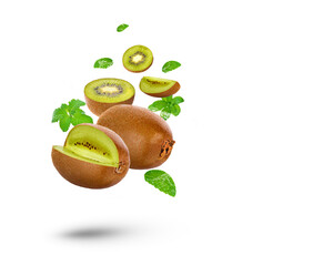 Wall Mural - Water splash on fresh Kiwi with mint isolated on transparent background. (.PNG)