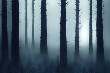 Wall Mural - Dark Spooky foggy pine scary forest in Night.High quality illustration