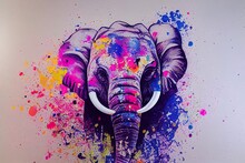 Illustration Of Colorful Elephant In Paint Splashes. Majestic Portrait. Big Head Of Animal, Dripping Oil And Water Painting Of A Wild Mammal. Watercolor Drawing. 3D Illustration.